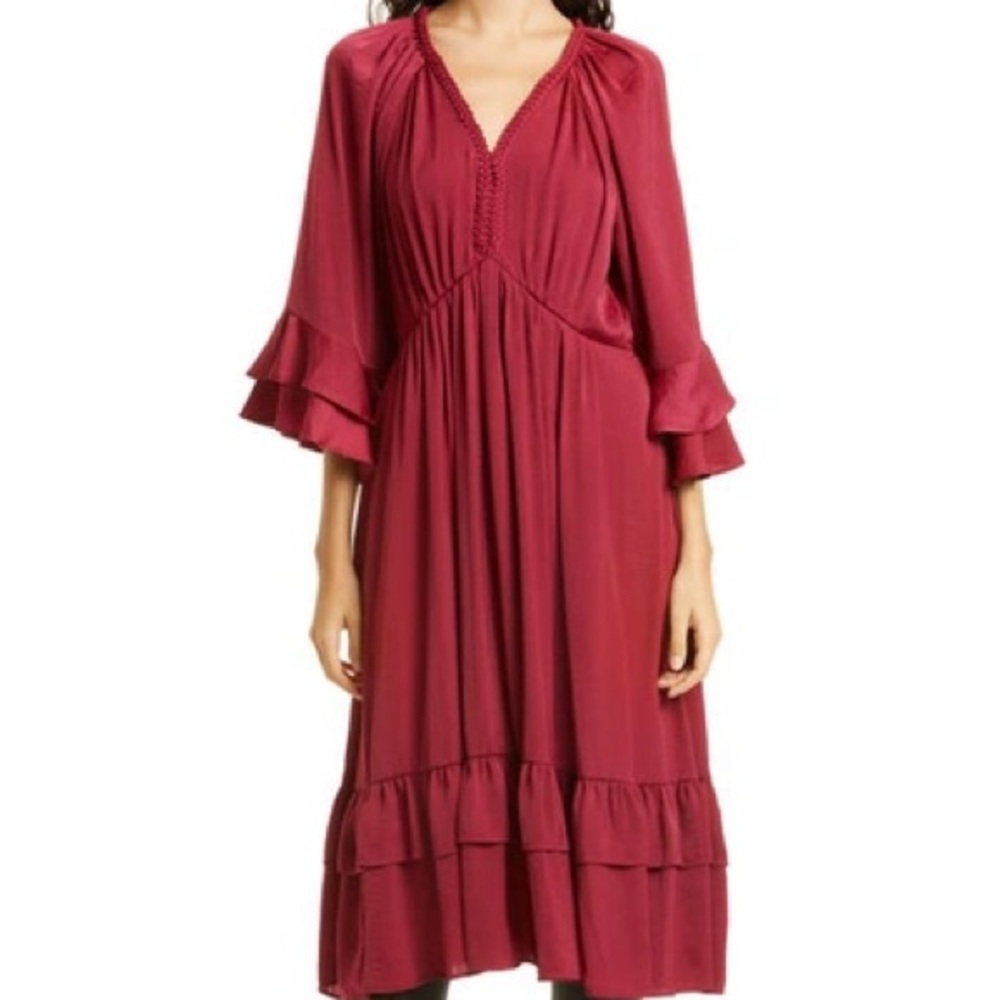 KOBI HALPERIN Bryant Ruffle Peasant Dress in Wine